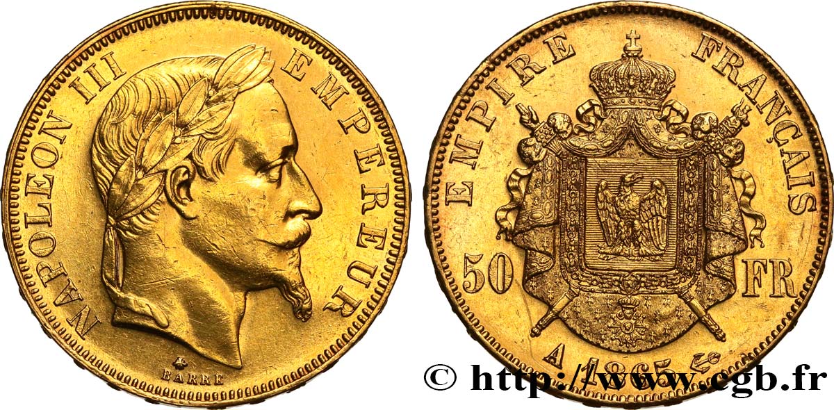 50 francs or Napoléon III, tête laurée 1865 Paris F.548/5 SUP58 