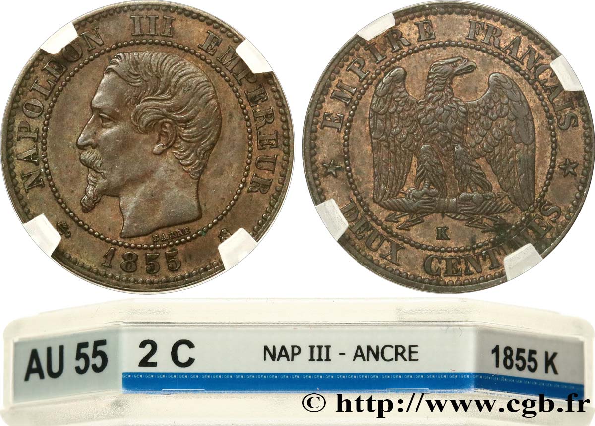 Deux centimes Napoléon III, tête nue 1855 Bordeaux F.107/34 AU55 GENI