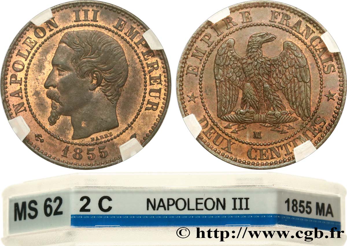 Deux centimes Napoléon III, tête nue 1855 Marseille F.107/36 MS62 GENI