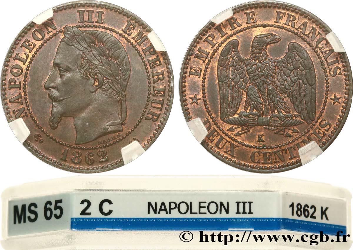 Deux centimes Napoléon III, tête laurée 1862 Bordeaux F.108A/7 ST65 GENI