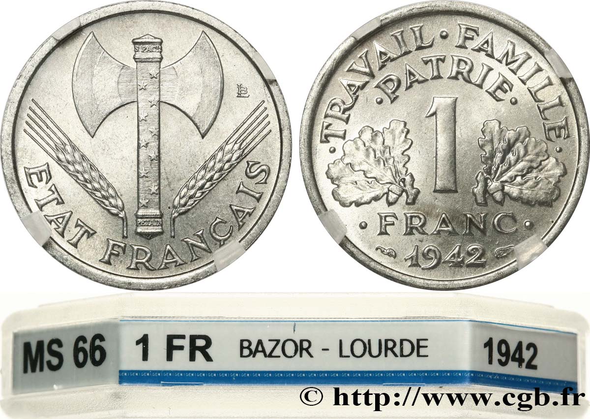1 franc Francisque, lourde 1942 Paris F.222/3 MS66 GENI