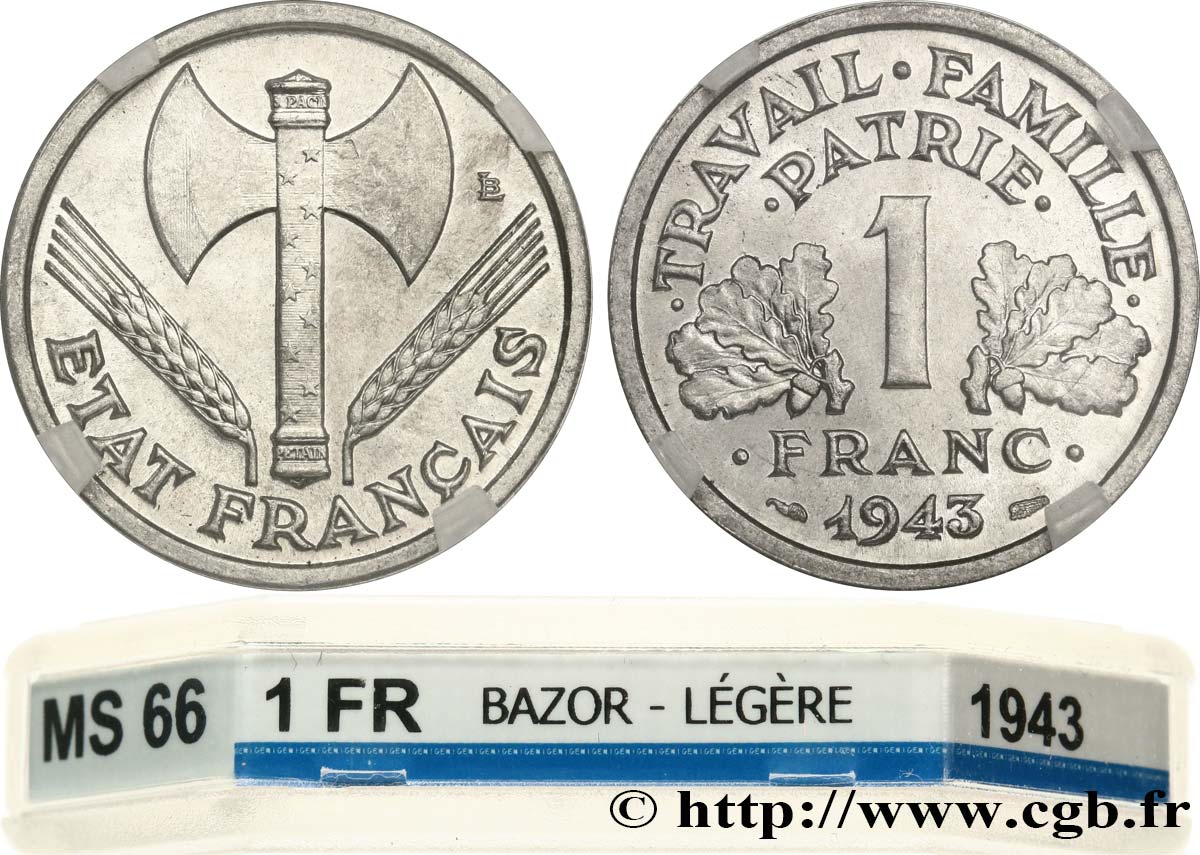 1 franc Francisque, légère 1943  F.223/3 MS66 GENI