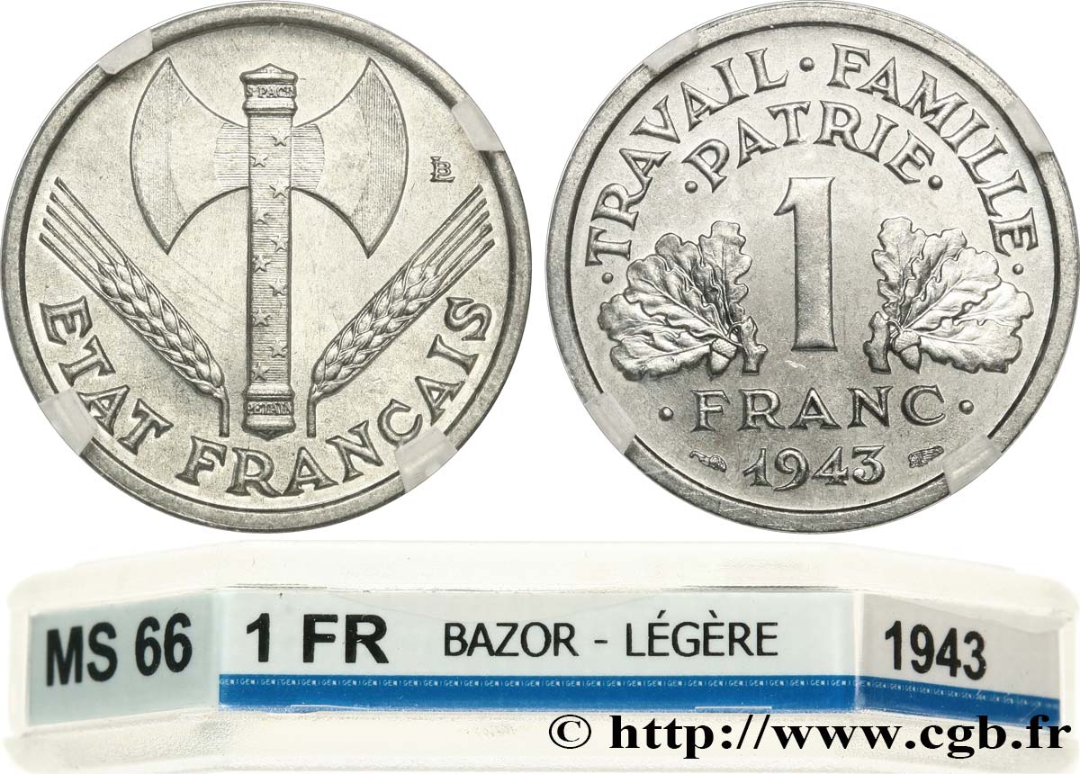 1 franc Francisque, légère 1943  F.223/3 ST66 GENI