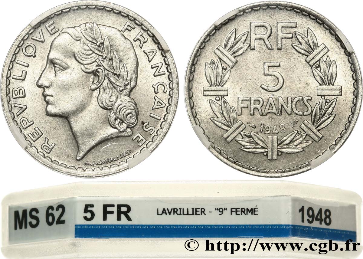5 francs Lavrillier, aluminium, 9 fermé 1948  F.339/14 MS62 GENI