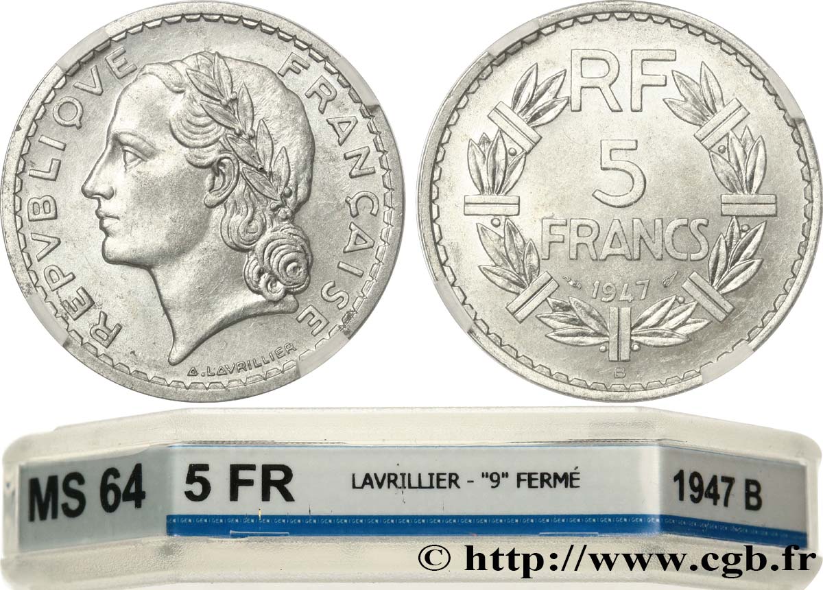 5 francs Lavrillier, aluminium 1947 Beaumont-Le-Roger F.339/12 MS64 GENI
