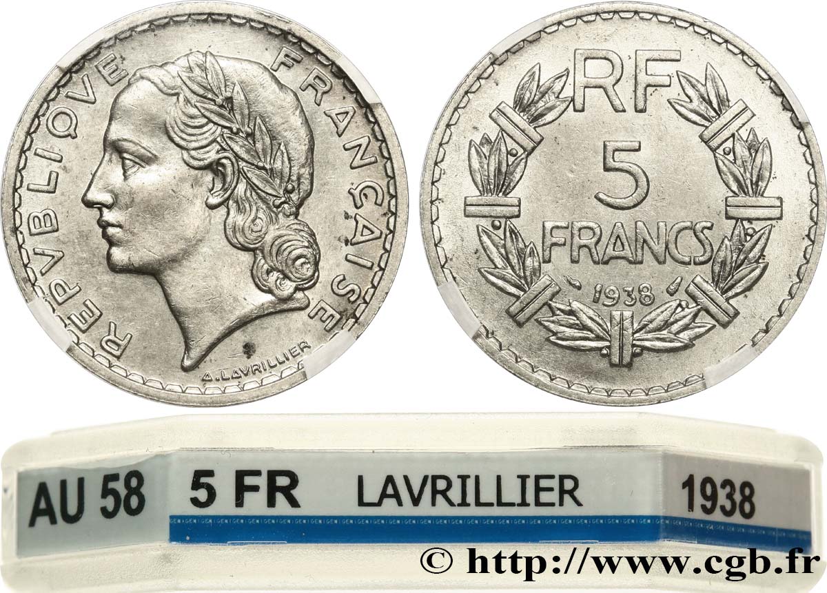 5 francs Lavrillier, nickel 1938  F.336/7 VZ58 GENI