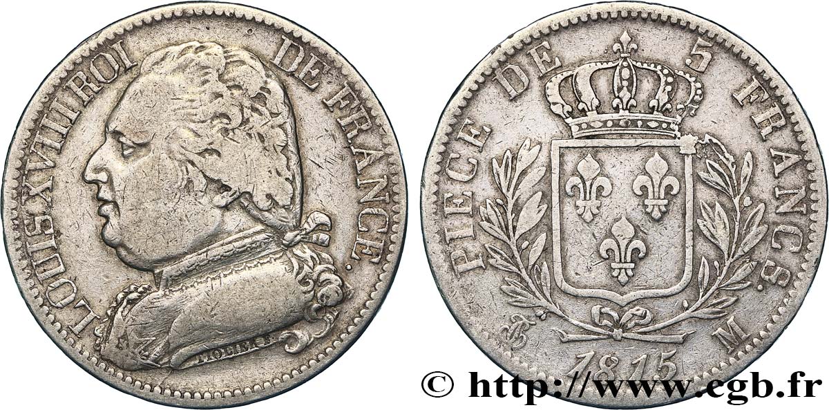 5 francs Louis XVIII, buste habillé 1815 Toulouse F.308/25 MB30 