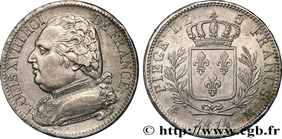 5 francs Louis XVIII, buste habillé 1814 Toulouse F.308/9 AU 