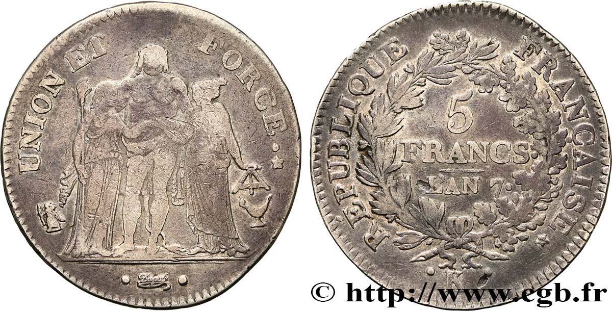 5 francs Union et Force, Union serré, avec glands intérieurs et gland extérieur 1799 Bordeaux F.288/39 TB35 