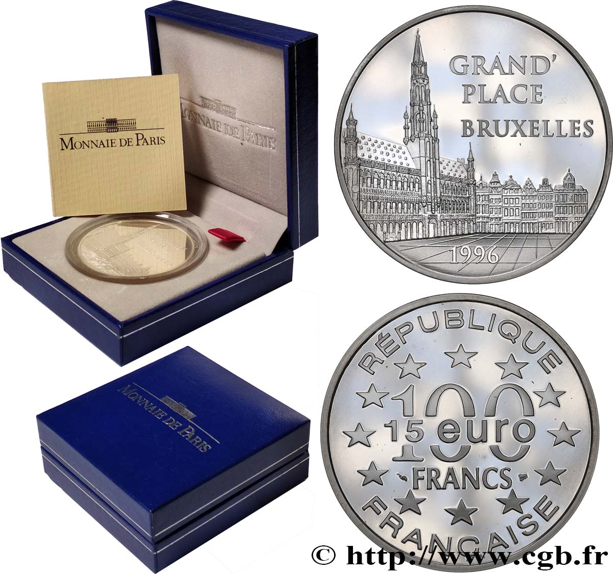 Belle Épreuve 15 euro / 100 francs - La Grand’Place (Bruxelles, Belgique) 1996  F5.2023 1 MS 