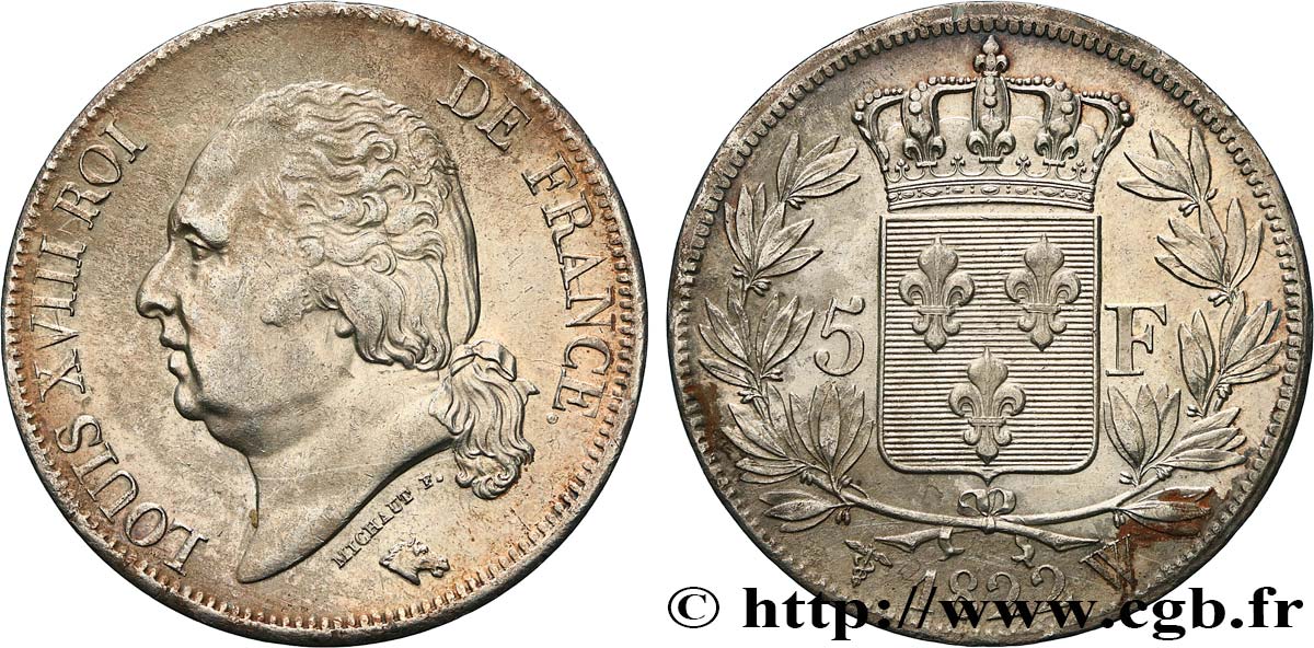 5 francs Louis XVIII, tête nue 1822 Lille F.309/75 AU 