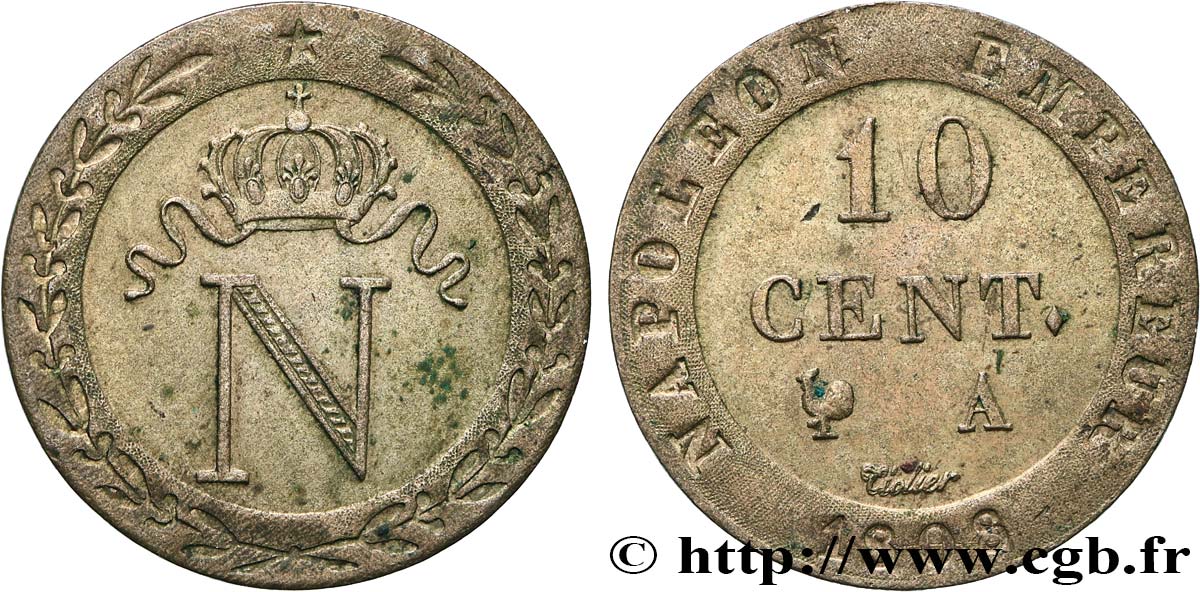 10 cent. à l N couronnée 1808 Paris F.130/2 MS60 
