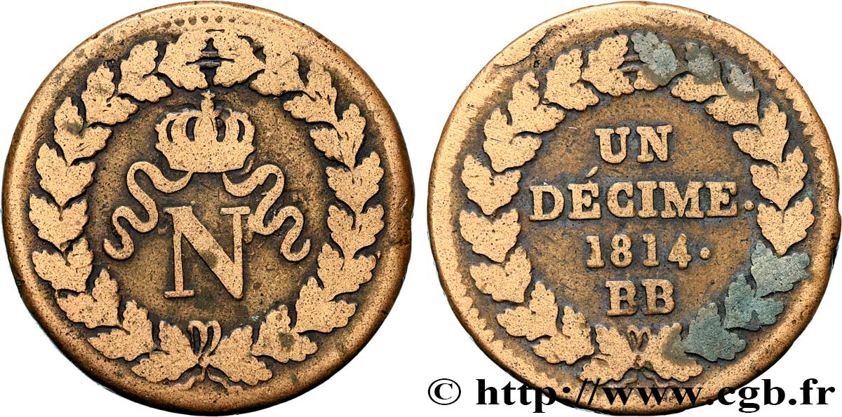 Un décime à l’N couronnée 1814 Strasbourg F.131/3 VF20 