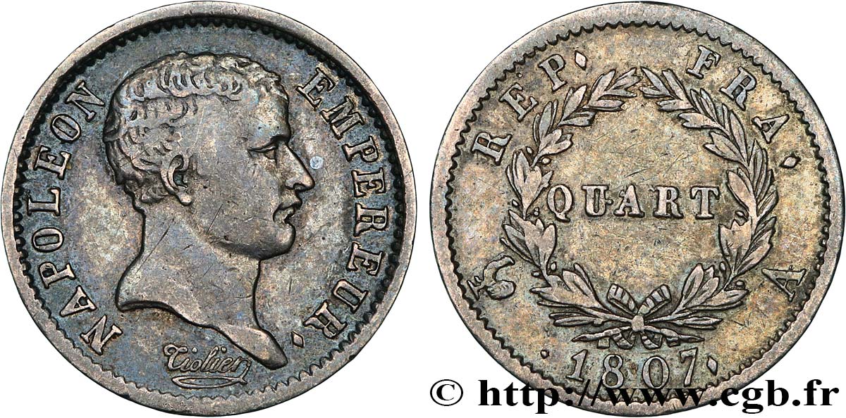 Quart (de franc) Napoléon Empereur, tête de nègre 1807 Paris F.160/1 XF45 