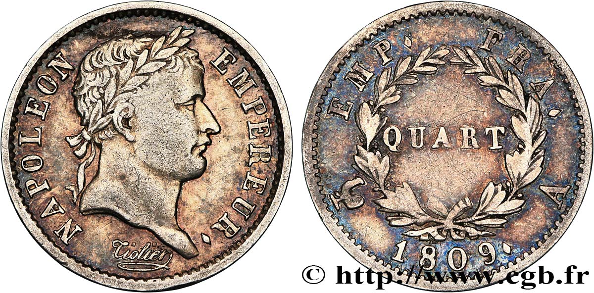 Quart (de franc) Napoléon Ier tête laurée, Empire français 1809 Paris F.162/1 BB 