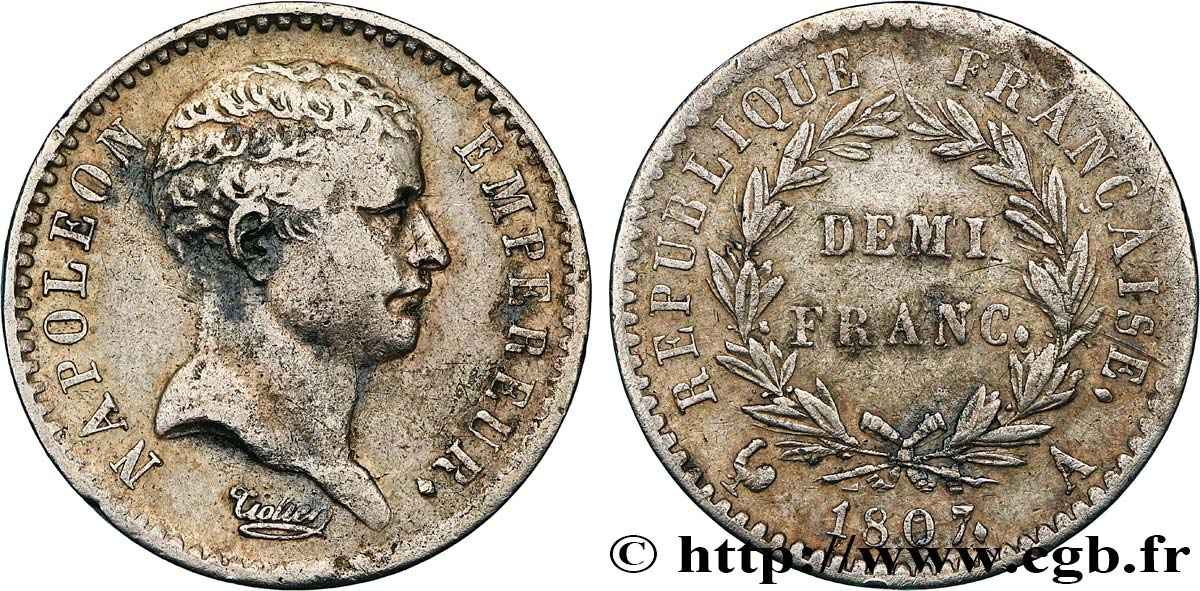 Demi-franc Napoléon Empereur, tête de nègre 1807 Paris F.176/1 MBC 