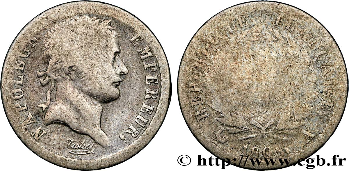 Demi-franc Napoléon Ier tête laurée, République française 1808 Paris F.177/2 SGE6 