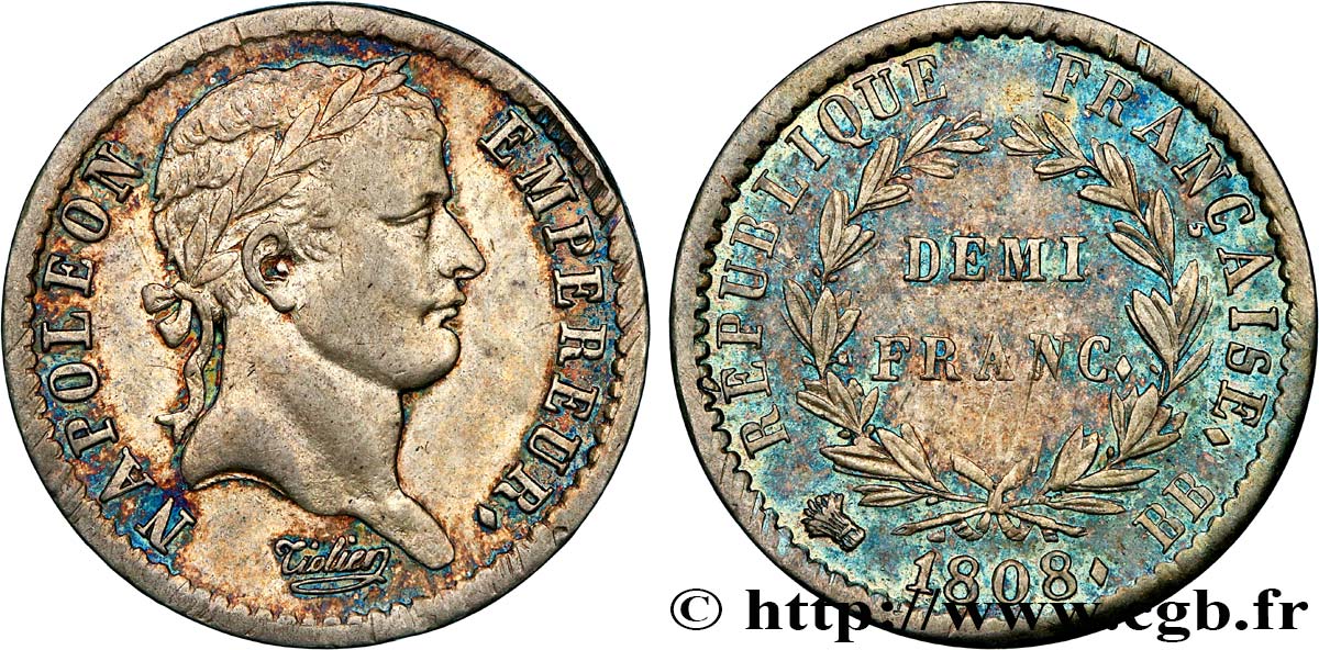 Demi-franc Napoléon Ier tête laurée, République française, buste fin 1808 Strasbourg F.177/4 MBC53 