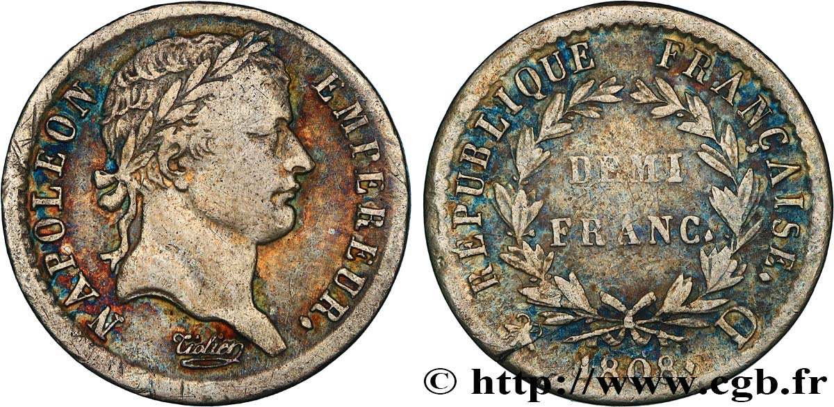 Demi-franc Napoléon Ier tête laurée, République française 1808 Lyon F.177/5 q.BB 
