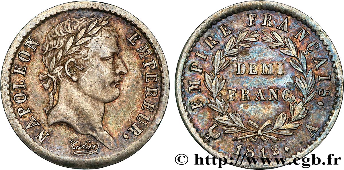 Demi-franc Napoléon Ier tête laurée, Empire français 1812 Paris F.178/35 AU58 
