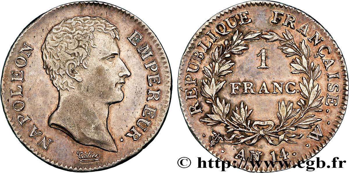 1 franc Napoléon Empereur, Calendrier révolutionnaire 1805 Lille F.201/39 AU 