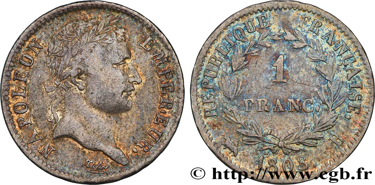 1 franc Napoléon Ier tête laurée, République française 1808 Rouen F.204/3 BC+ 