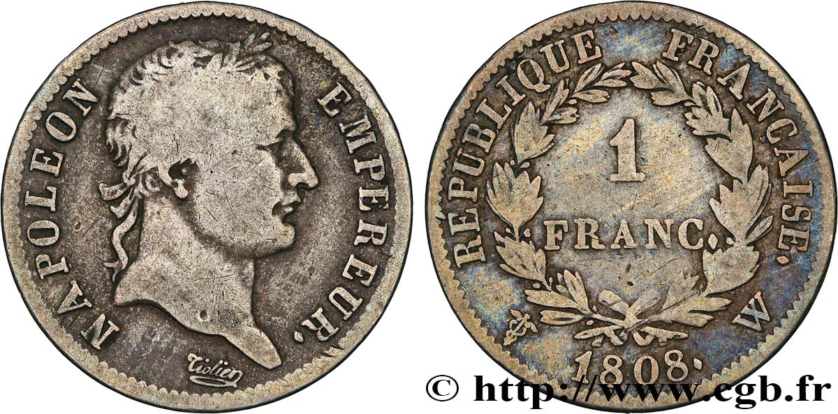 1 franc Napoléon Ier tête laurée, République française 1808 Lille F.204/15 VF20 