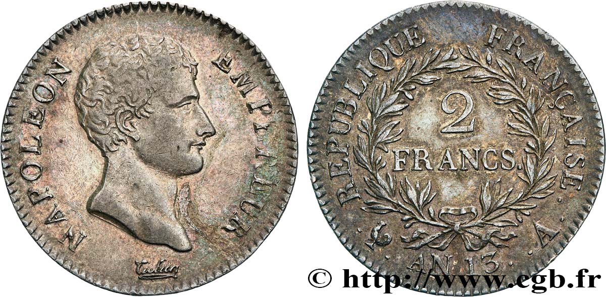 2 francs Napoléon Empereur, Calendrier révolutionnaire 1805 Paris F.251/12 TTB53 