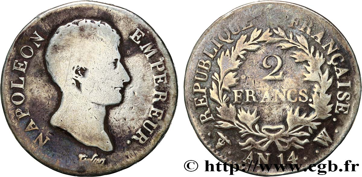 2 francs Napoléon Empereur, Calendrier révolutionnaire 1805 Lille F.251/35 VG 