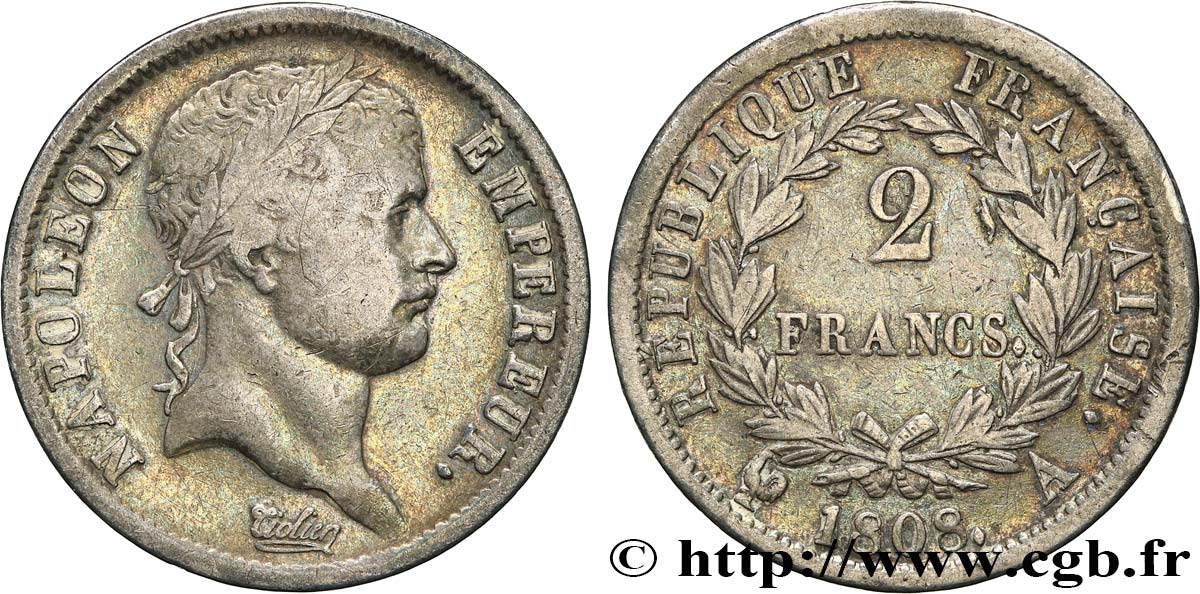 2 francs Napoléon Ier tête laurée, République française 1808 Paris F.254/4 TB35 