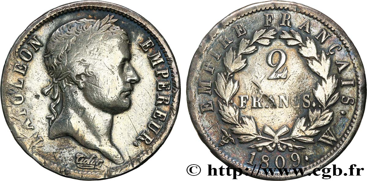 2 francs Napoléon Ier tête laurée, Empire français 1809 Lille F.255/9 BC 
