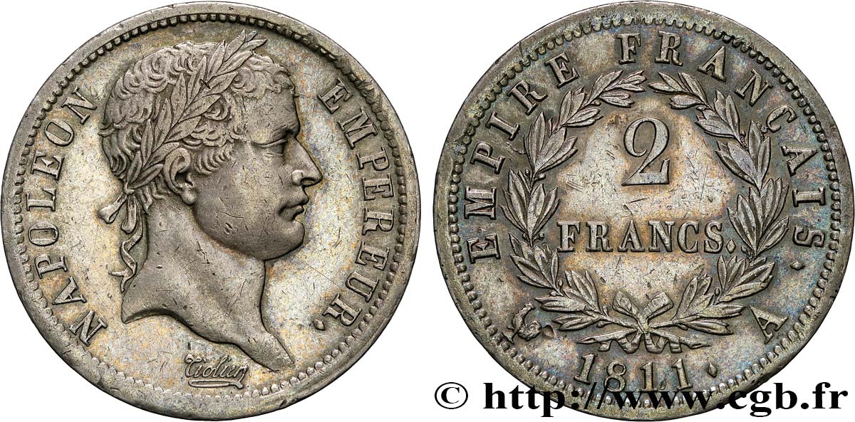 2 francs Napoléon Ier tête laurée, Empire français 1811 Paris F.255/24 AU55 