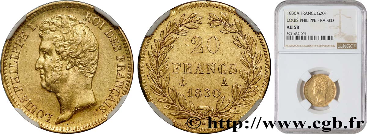 20 francs or Louis-Philippe, Tiolier, tranche inscrite en relief 1830 Paris F.525/1 VZ58 NGC