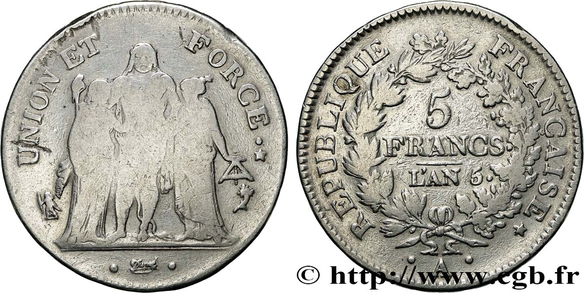 5 francs Union et Force, Union serré, avec glands intérieurs et gland extérieur, Tranche fautée 1797 Paris F.288/4 BC 