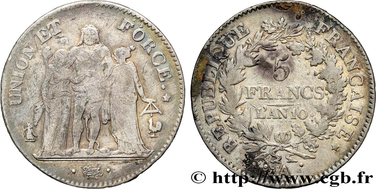 5 francs Union et Force, Union serré, seulement glands intérieurs 1802 Paris F.288/169 BC+ 