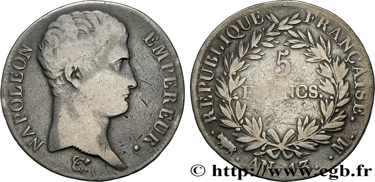 5 francs Napoléon Empereur, Calendrier révolutionnaire 1805 Toulouse F.303/13 TB25 