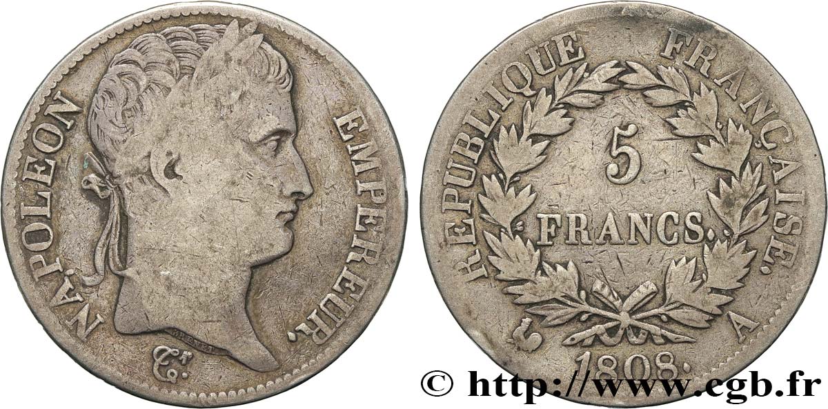 5 francs Napoléon Empereur, République française 1808 Paris F.306/2 TB20 