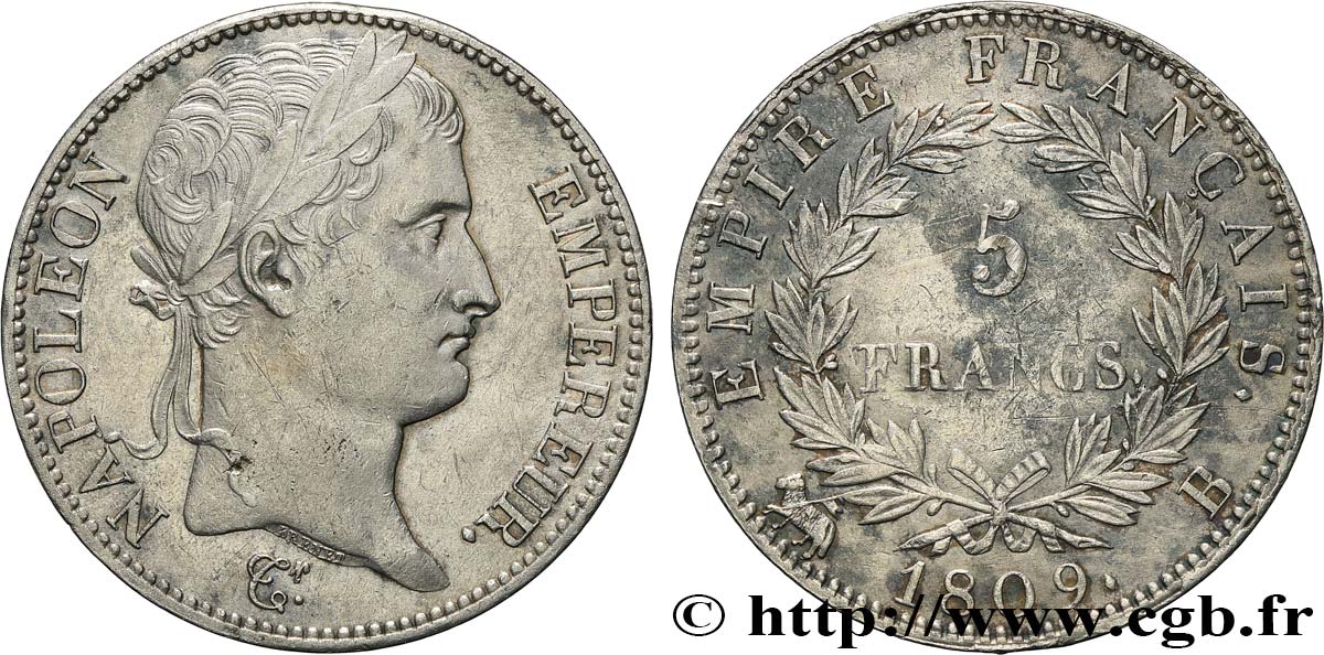 5 francs Napoléon Empereur, Empire français 1809 Rouen F.307/2 fVZ 
