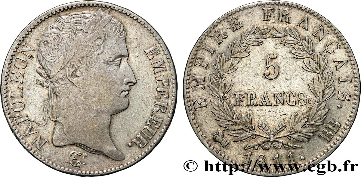 5 francs Napoléon Empereur, Empire français 1811 Strasbourg F.307/29 MBC40 