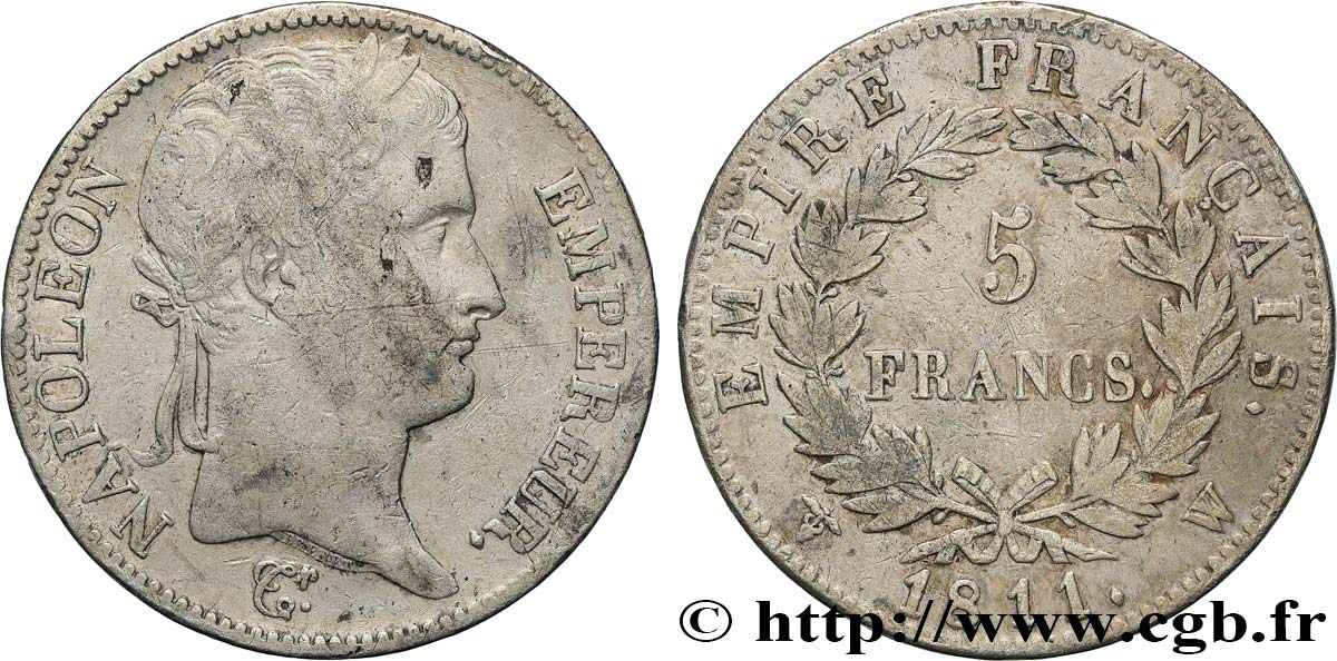 5 francs Napoléon Empereur, Empire français 1811 Lille F.307/40 MB 