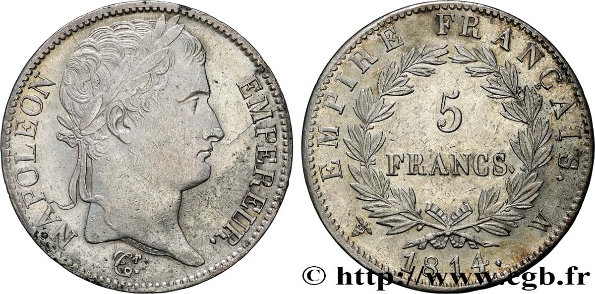5 francs Napoléon Empereur, Empire français 1814 Lille F.307/86 fVZ 