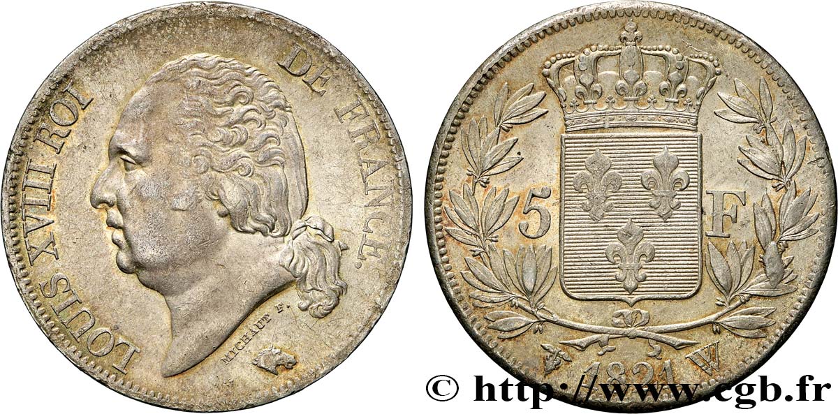 5 francs Louis XVIII, tête nue 1821 Lille F.309/66 XF45 