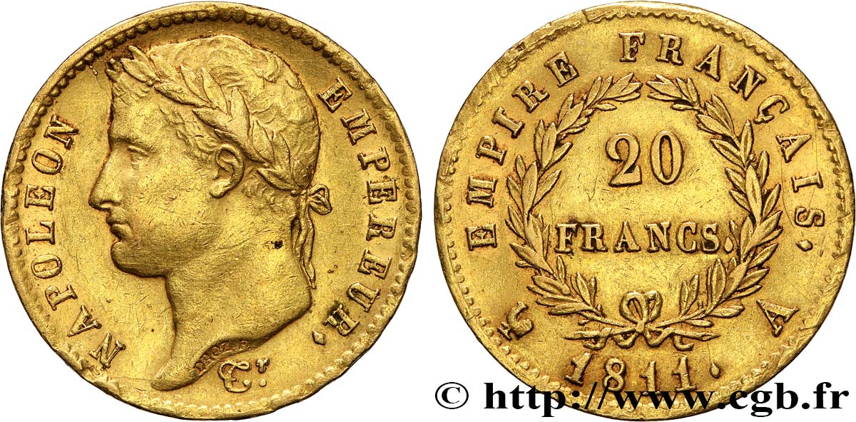 20 francs or Napoléon, tête laurée, Empire français 1811 Paris F.516/16 SS 
