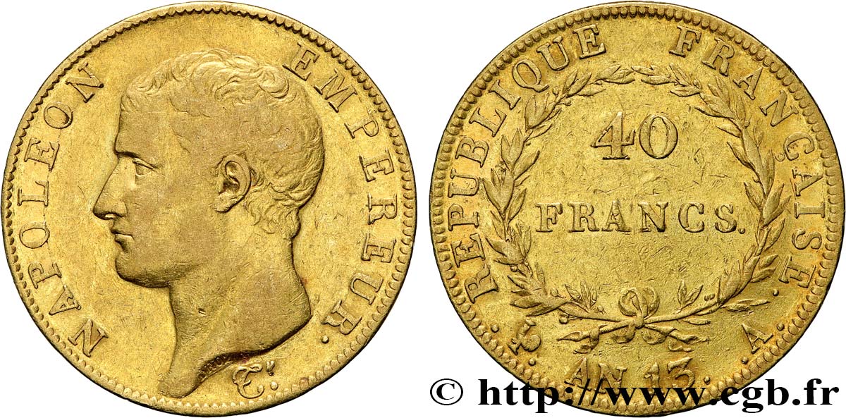 40 francs or Napoléon tête nue, Calendrier révolutionnaire 1805 Paris F.537/1 SS 