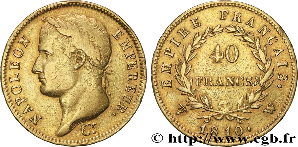 40 francs or Napoléon tête laurée, Empire français 1810 Lille F.541/5 BC+ 