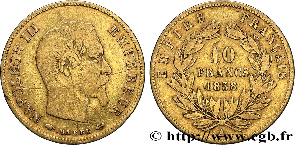 10 francs or Napoléon III, tête nue 1858 Paris F.506/5 BC 