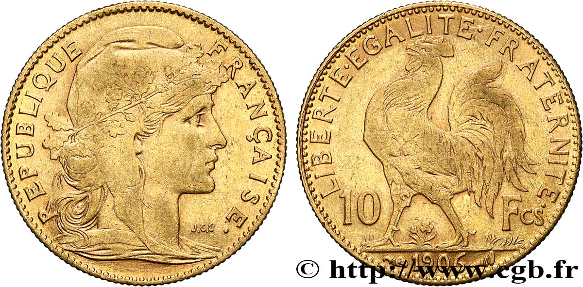 10 francs or Coq 1906 Paris F.509/7 XF 
