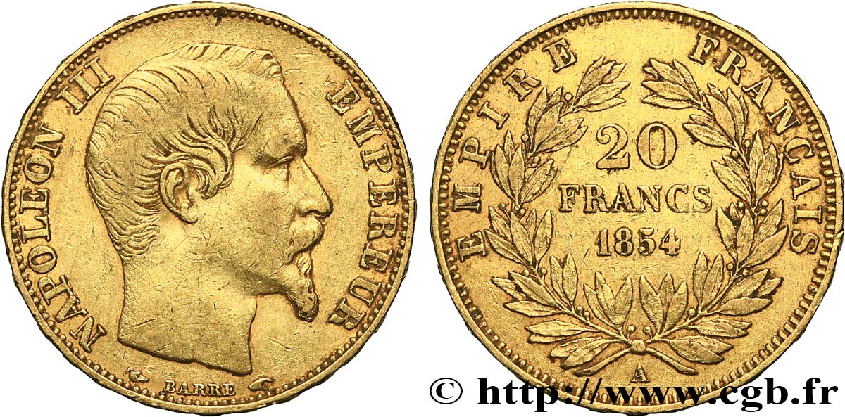 20 francs or Napoléon III, tête nue 1854 Paris F.531/2 MBC40 