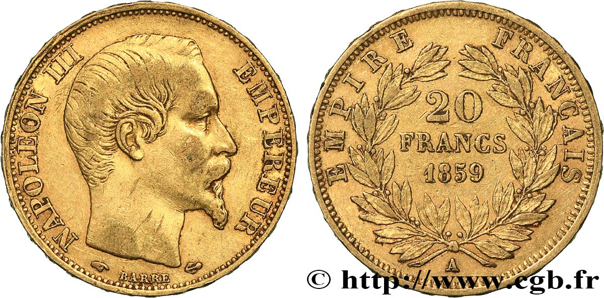 20 francs or Napoléon III, tête nue 1859 Paris F.531/15 SS40 