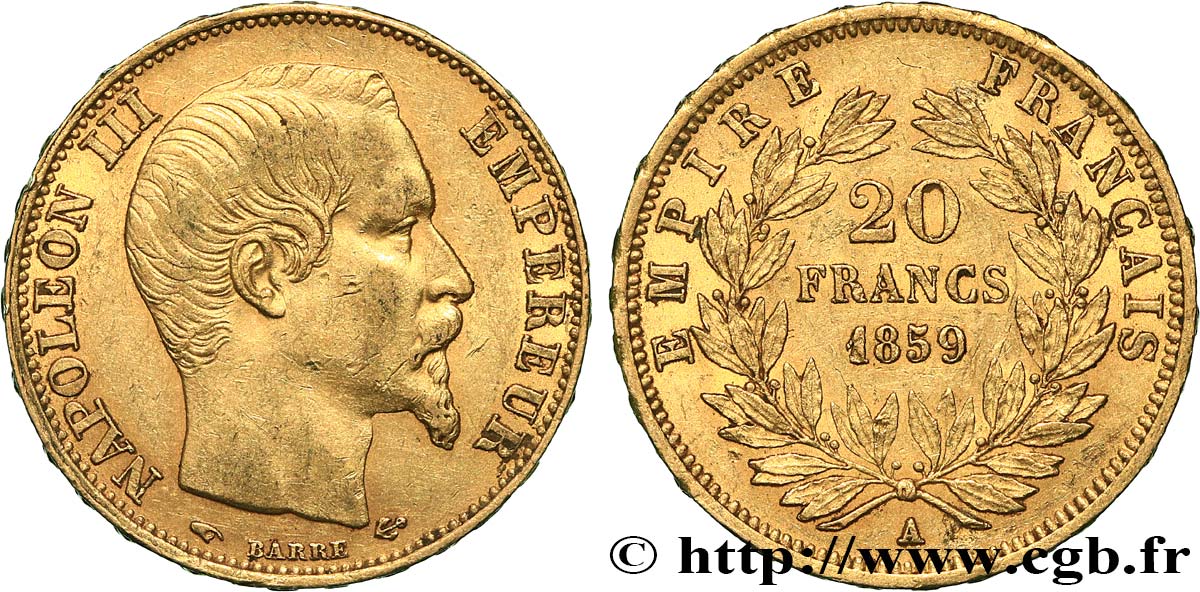 20 francs or Napoléon III, tête nue 1859 Paris F.531/15 AU50 